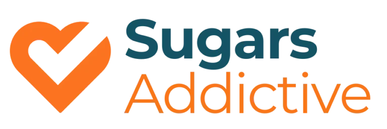 sugarsaddictive..com logo - sugars addictive with orange heart with sugar cube embedded